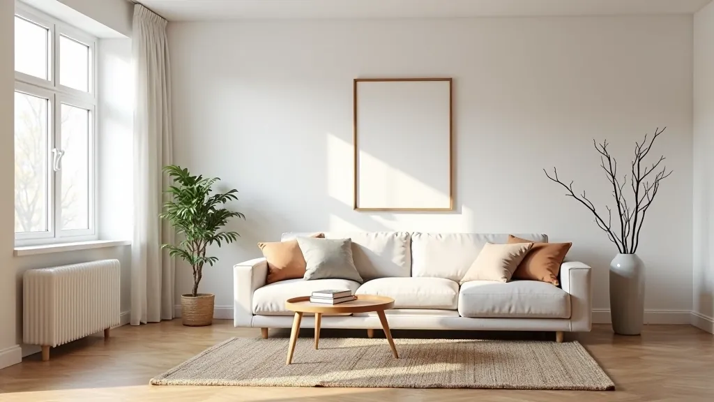 Modern living room with light walls, comfortable seating, and layered textile elements creating a warm inviting space