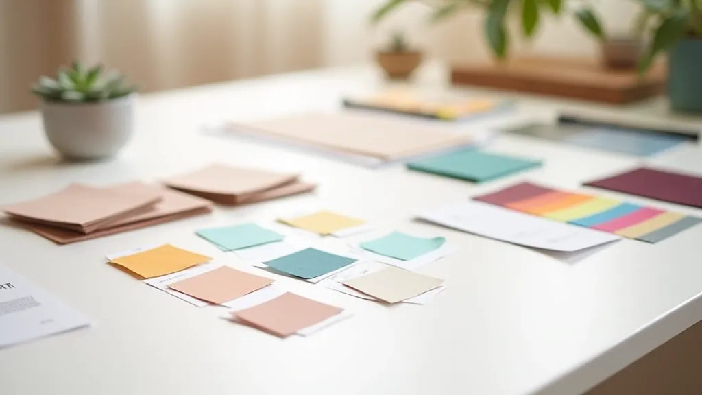 Paint swatches and color samples arranged next to fabric samples showing accent color coordination