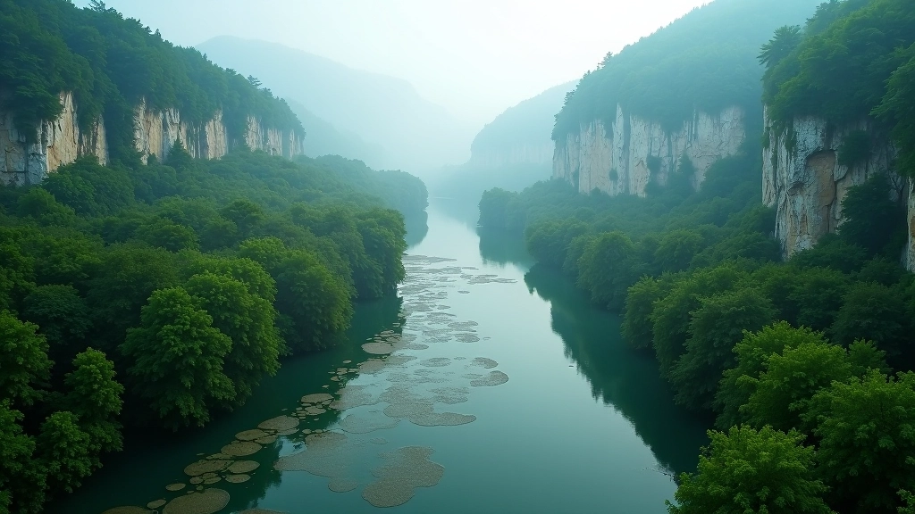Aerial view of Berounka river winding through dense green forest with limestone cliffs in background, morning mist over water