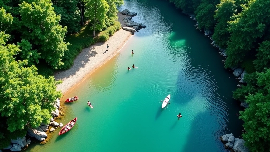 Aerial view of clear river pool surrounded by green forest and sandy beach area, swimmers visible in calm water