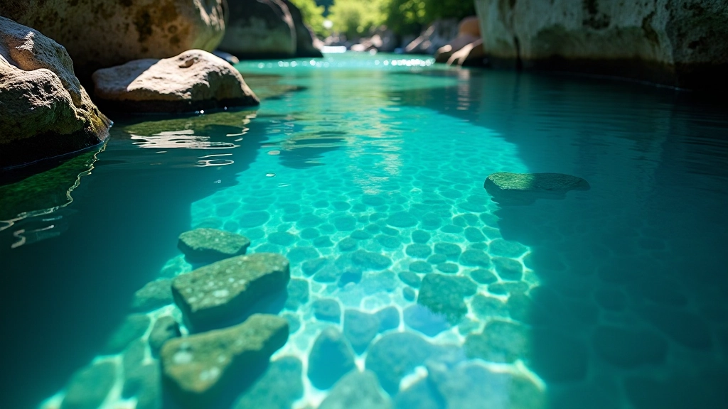 Close-up of clear blue water with rocky river bottom and sunlight filtering through the surface
