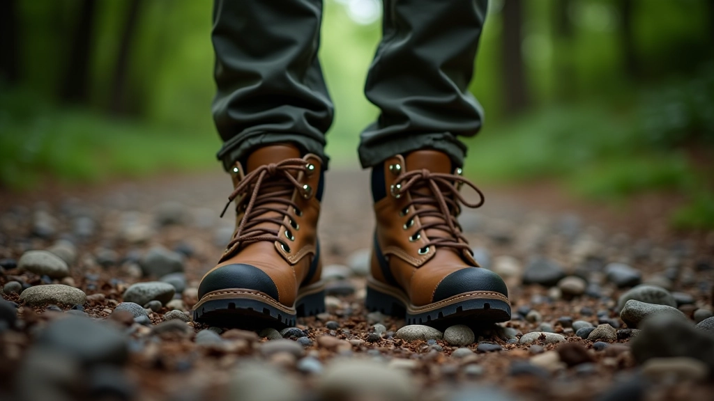 Close-up of hiking boot on rocky trail, forest path visible ahead, daylight conditions