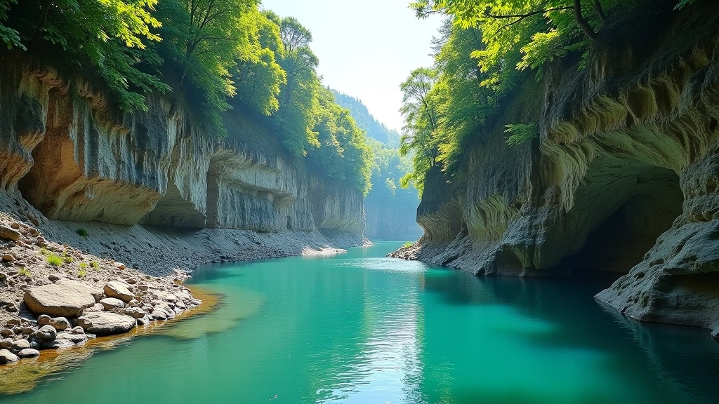 Rocky river gorge with limestone cliffs, clear water pool, trees lining the banks, dramatic landscape