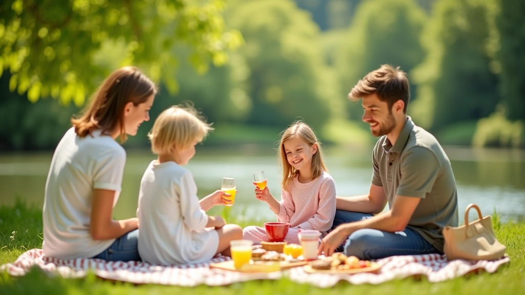 Family enjoying picnic lunch on sunny riverside grass with trees providing shade in background