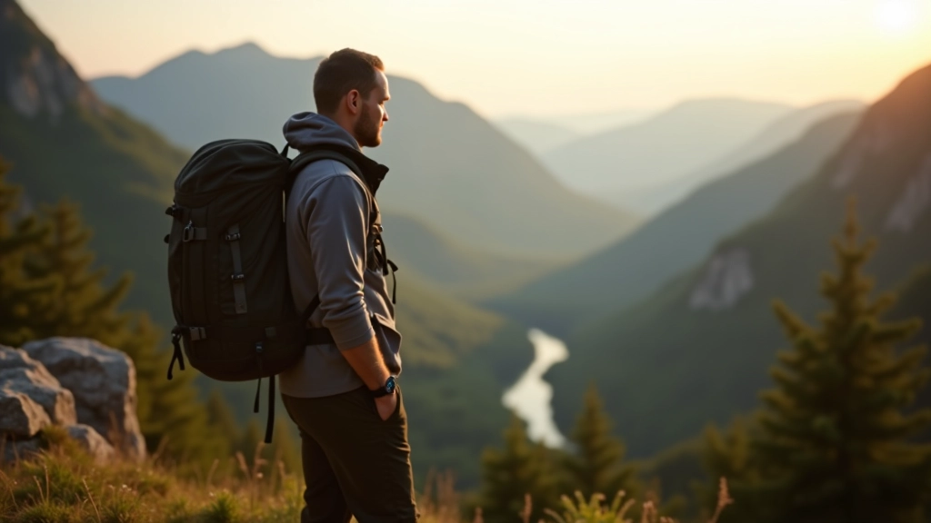 Hiker standing on a ridge trail with valley and river landscape stretching out below, scenic vista, clear visibility