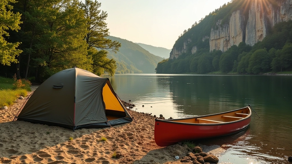 Camping tent set up on sandy riverbank with canoe pulled ashore, fire pit nearby, limestone cliffs visible across river, golden hour lighting