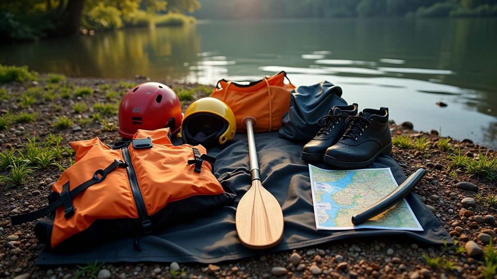 Neatly organized canoe paddling gear laid out on riverbank including life jacket, paddle, dry bag, helmet, and rope, morning light, professional setup