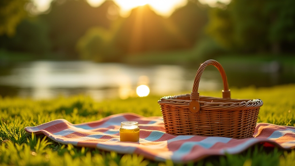 Picnic basket and blanket spread on grassy riverbank with scenic water view in background