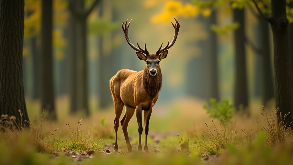 Red deer standing in forest clearing, natural habitat, alert posture, natural lighting through trees