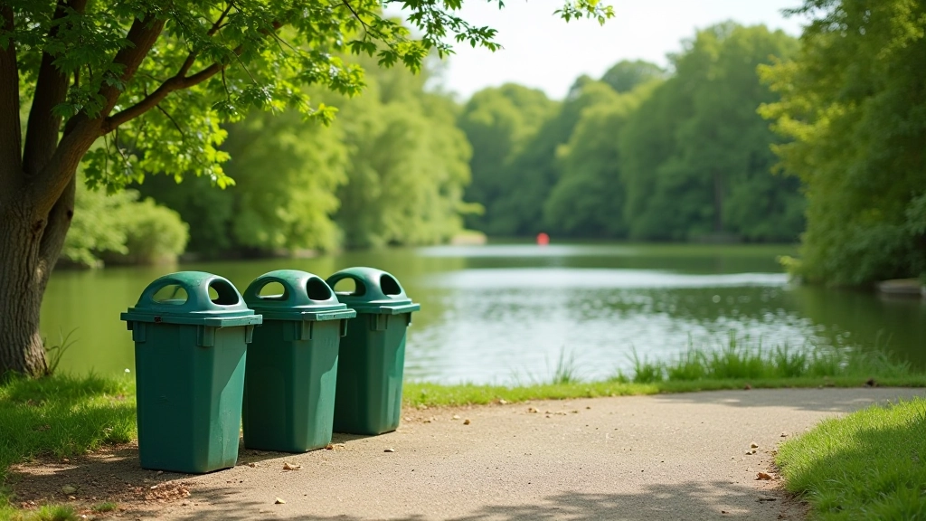 Litter bins and waste management at riverside picnic area with clean grounds and natural landscape