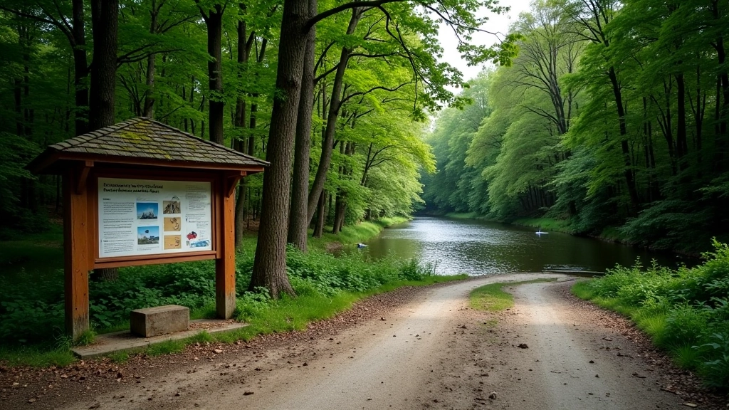 Scenic parking area near forest entrance, dirt road leading toward river, informational sign visible, natural setting