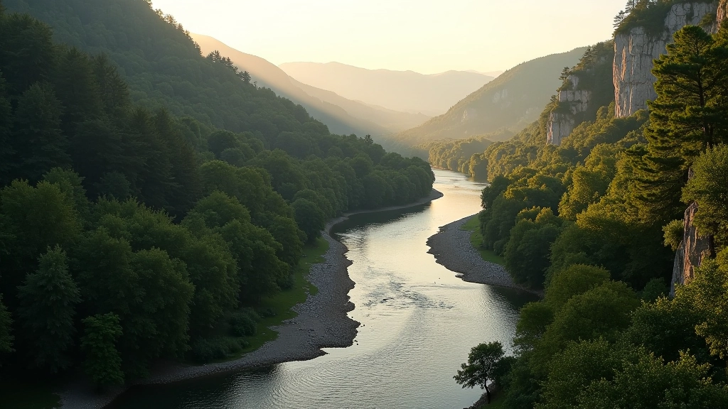 Scenic valley landscape with river winding through forested slopes, limestone cliffs visible in the distance, golden afternoon light