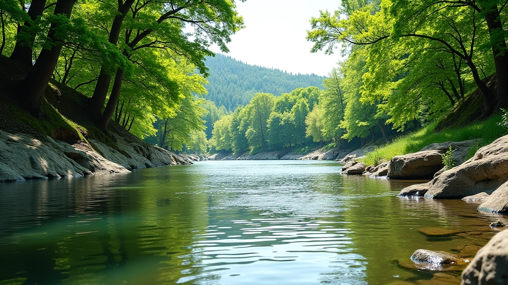 Secluded riverside cove with rocky banks and overhanging trees creating natural shelter and privacy