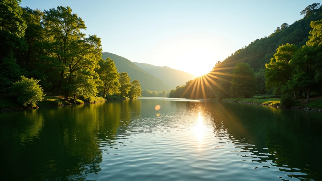 Summer landscape with blue sky, green trees, and a peaceful river section bathed in golden afternoon sunlight
