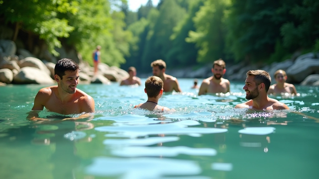 People swimming and relaxing at natural outdoor swimming hole surrounded by rocks and forest