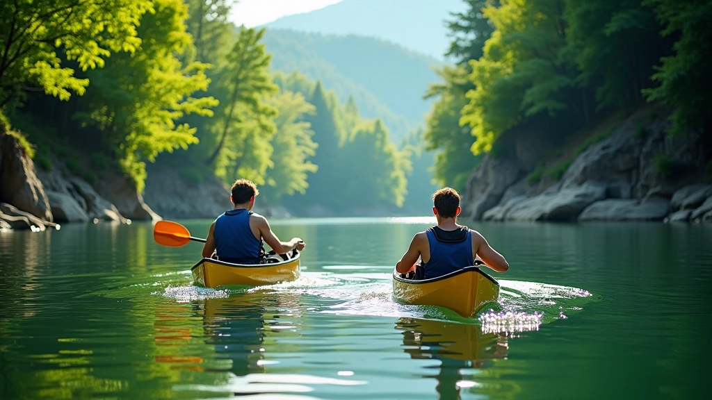 Canoeists paddling on calm river surrounded by green forested banks and limestone cliffs