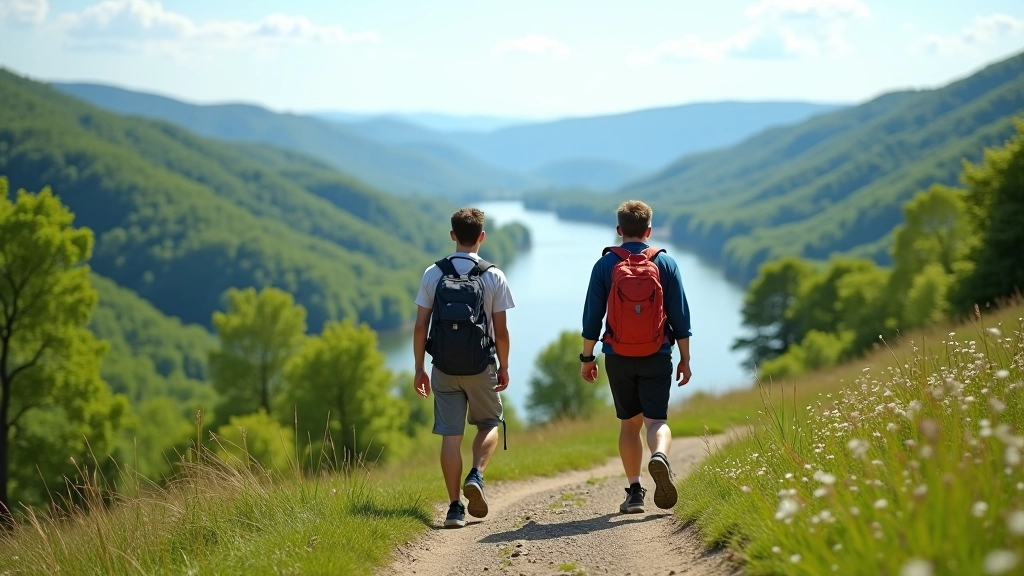 Hikers walking through valley with river visible below, rolling hills and vegetation
