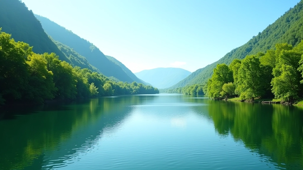 Scenic riverside landscape with calm waters reflecting forested hills and blue sky in Czech Republic