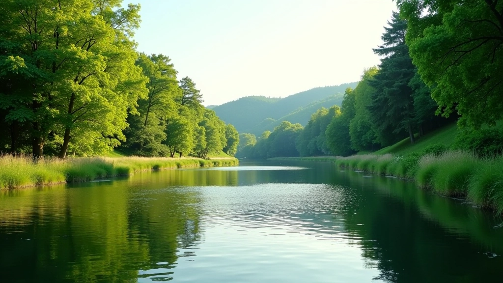 Wide river section with gentle banks, calm water, surrounding green landscape, summer sunlight reflecting off water